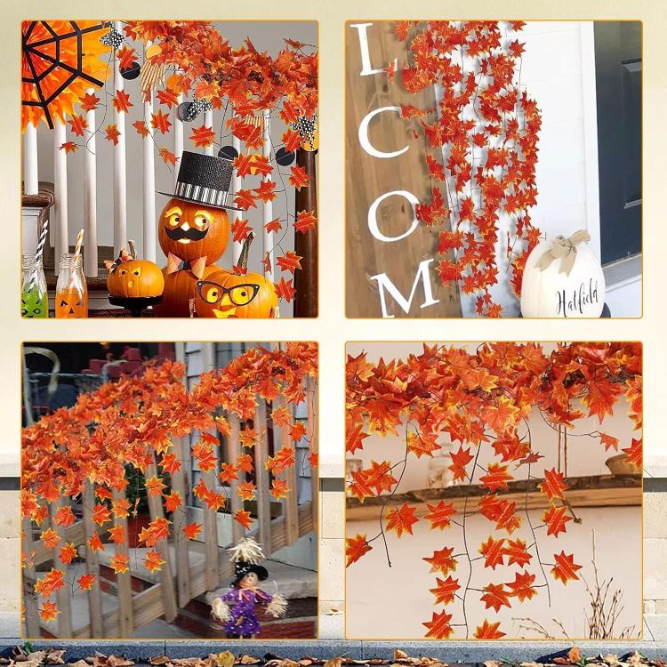 Picture of 12 Pcs Autumn Artificial Maple Leaves Garland, Autumn Decorations Autumn Thanksgiving Garland Decor, Fake Fall Leaves Garland Decorations for Thanksgiving Christmas Harvest Festival