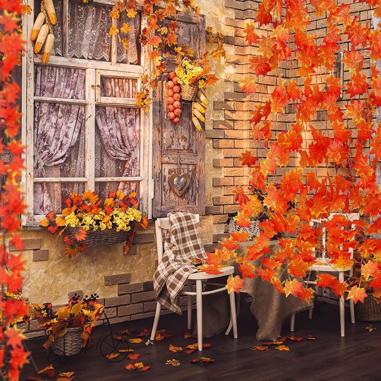 Picture of 12 Pcs Autumn Artificial Maple Leaves Garland, Autumn Decorations Autumn Thanksgiving Garland Decor, Fake Fall Leaves Garland Decorations for Thanksgiving Christmas Harvest Festival