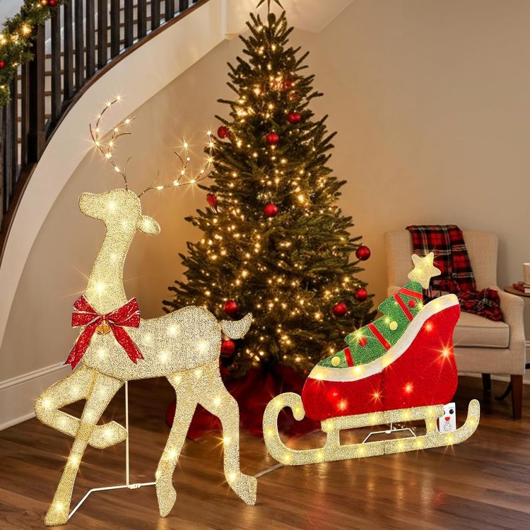 Picture of Outdoor Christmas Decorations, Light up Reindeer Outdoors with Warm White Lights, Motion Sensor Music Xmas Decor, Christmas Sleigh for Lawn Porch Garden