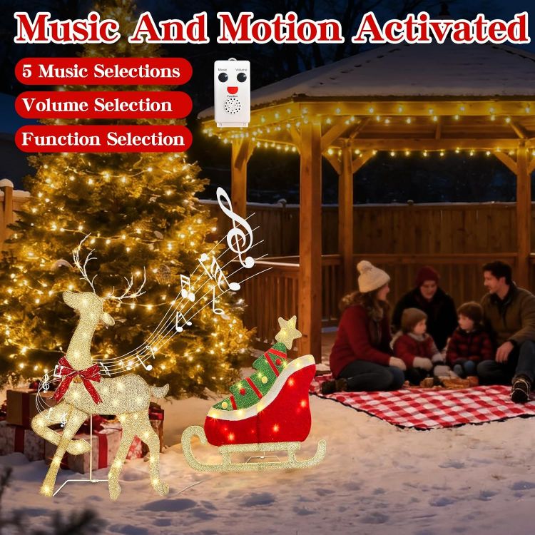 Picture of Outdoor Christmas Decorations, Light up Reindeer Outdoors with Warm White Lights, Motion Sensor Music Xmas Decor, Christmas Sleigh for Lawn Porch Garden
