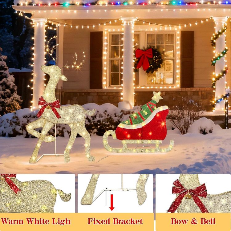 Picture of Outdoor Christmas Decorations, Light up Reindeer Outdoors with Warm White Lights, Motion Sensor Music Xmas Decor, Christmas Sleigh for Lawn Porch Garden