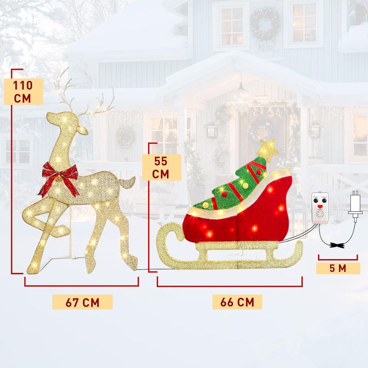Picture of Outdoor Christmas Decorations, Light up Reindeer Outdoors with Warm White Lights, Motion Sensor Music Xmas Decor, Christmas Sleigh for Lawn Porch Garden