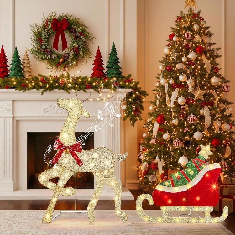 Picture of Outdoor Christmas Decorations, Light up Reindeer Outdoors with Warm White Lights, Motion Sensor Music Xmas Decor, Christmas Sleigh for Lawn Porch Garden