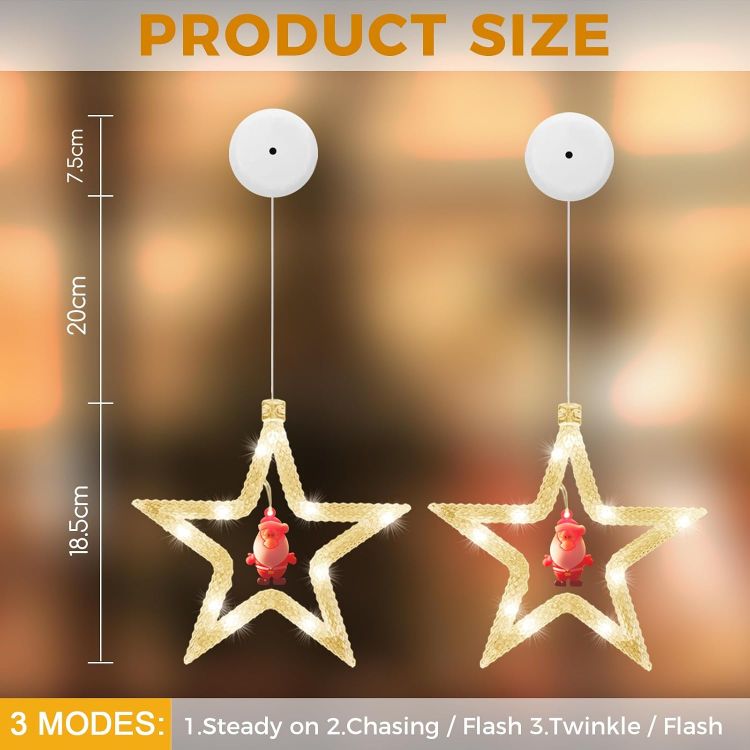 Picture of Christmas Window Lights,  2PCS Star Curtain Light Twinkle Christmas Decorate Lamp Battery Powered Hanging Warm White for Xmas Shop Window Door Party Indoor Outdoor Decorate