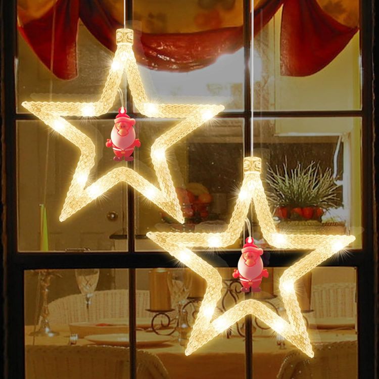 Picture of Christmas Window Lights,  2PCS Star Curtain Light Twinkle Christmas Decorate Lamp Battery Powered Hanging Warm White for Xmas Shop Window Door Party Indoor Outdoor Decorate