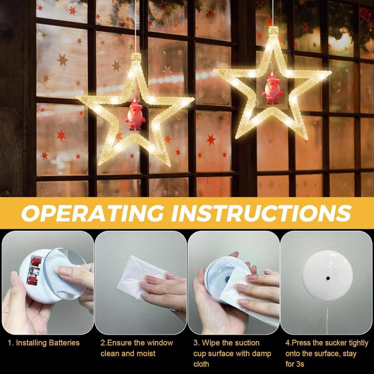 Picture of Christmas Window Lights,  2PCS Star Curtain Light Twinkle Christmas Decorate Lamp Battery Powered Hanging Warm White for Xmas Shop Window Door Party Indoor Outdoor Decorate