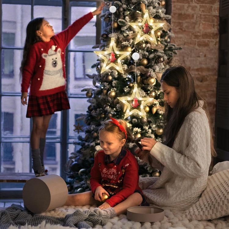 Picture of Christmas Window Lights,  2PCS Star Curtain Light Twinkle Christmas Decorate Lamp Battery Powered Hanging Warm White for Xmas Shop Window Door Party Indoor Outdoor Decorate