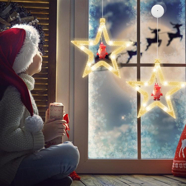 Picture of Christmas Window Lights,  2PCS Star Curtain Light Twinkle Christmas Decorate Lamp Battery Powered Hanging Warm White for Xmas Shop Window Door Party Indoor Outdoor Decorate