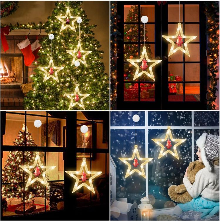 Picture of Christmas Window Lights,  2PCS Star Curtain Light Twinkle Christmas Decorate Lamp Battery Powered Hanging Warm White for Xmas Shop Window Door Party Indoor Outdoor Decorate