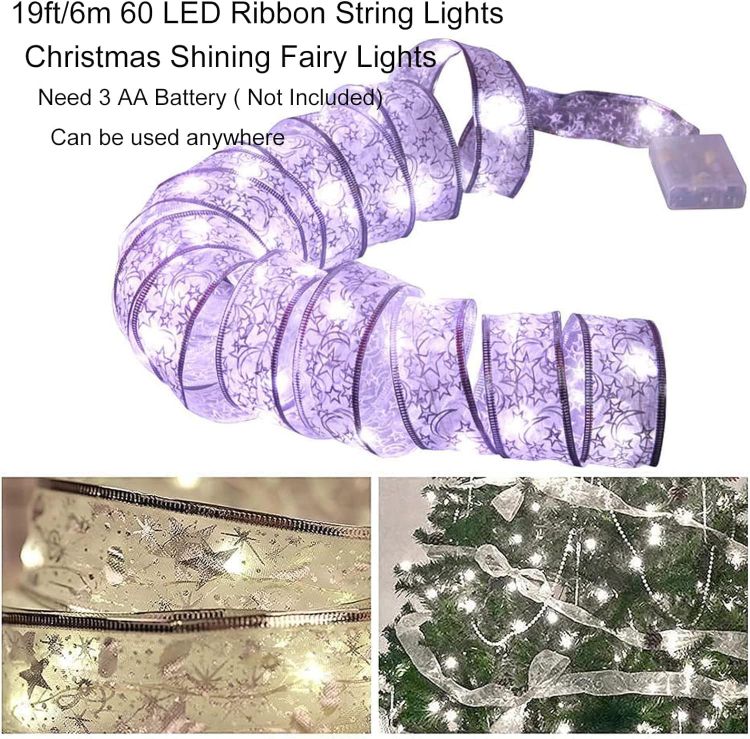 Picture of Christmas Tree Lights, 19ft/6m 60 LED Christmas Tree Ribbon Waterproof Fairy Lights Decorations Curtain Lights Hanging Fairy Lights for Bedroom Wall Garden Patio Decorations 