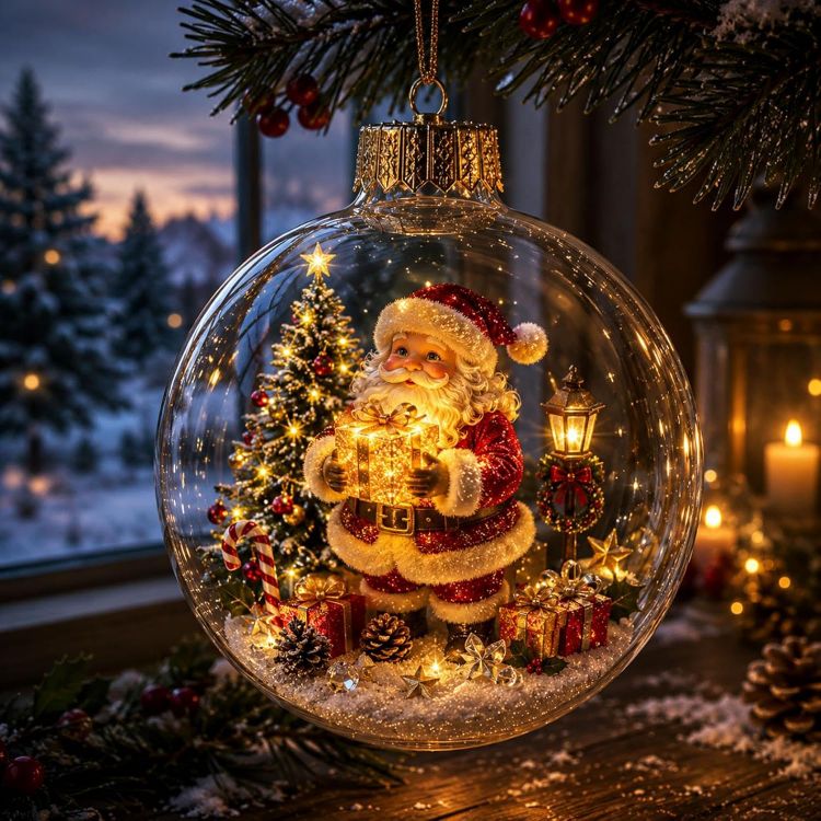Picture of 3D Glowing Christmas Story Ornament, Miniature Xmas Scene in Clear Acrylic Ball with Warm Led Light, Festive Keepsake Gift for Home Xmas Party Decoration