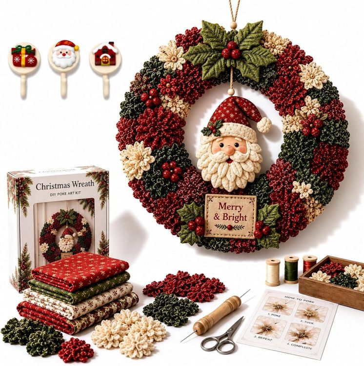 Picture of 3D Christmas Fabric Poke Wreath Art Kit DIY With 3 Holiday Hooks Handmade Fabric Poke Wreath Art Kit, 3D DIY Christmas Vintage Holiday Decoration, Christmas Craft Kit for Adults & Beginner