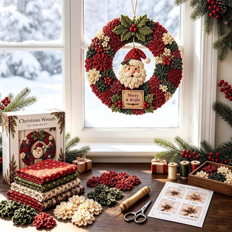 Picture of 3D Christmas Fabric Poke Wreath Art Kit DIY With 3 Holiday Hooks Handmade Fabric Poke Wreath Art Kit, 3D DIY Christmas Vintage Holiday Decoration, Christmas Craft Kit for Adults & Beginner