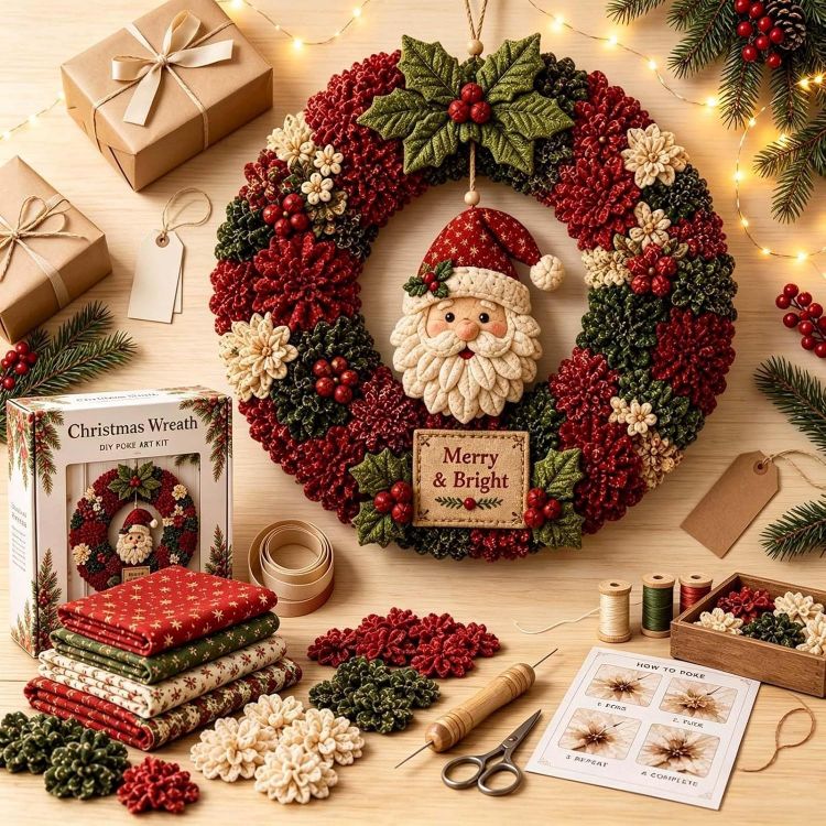 Picture of 3D Christmas Fabric Poke Wreath Art Kit DIY With 3 Holiday Hooks Handmade Fabric Poke Wreath Art Kit, 3D DIY Christmas Vintage Holiday Decoration, Christmas Craft Kit for Adults & Beginner