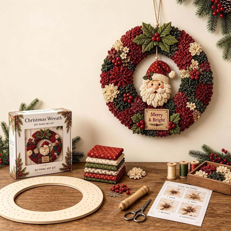 Picture of 3D Christmas Fabric Poke Wreath Art Kit DIY With 3 Holiday Hooks Handmade Fabric Poke Wreath Art Kit, 3D DIY Christmas Vintage Holiday Decoration, Christmas Craft Kit for Adults & Beginner