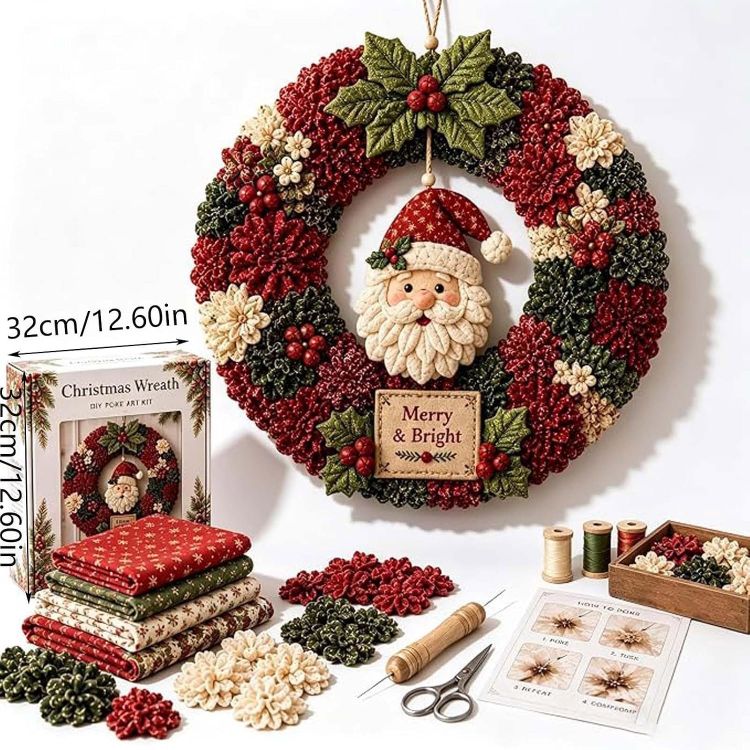 Picture of 3D Christmas Fabric Poke Wreath Art Kit DIY With 3 Holiday Hooks Handmade Fabric Poke Wreath Art Kit, 3D DIY Christmas Vintage Holiday Decoration, Christmas Craft Kit for Adults & Beginner