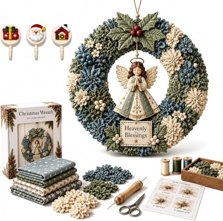 Picture of 3D Christmas Fabric Poke Wreath Art Kit DIY With 3 Holiday Hooks Handmade Fabric Poke Wreath Art Kit, 3D DIY Christmas Vintage Holiday Decoration, Christmas Craft Kit for Adults & Beginner