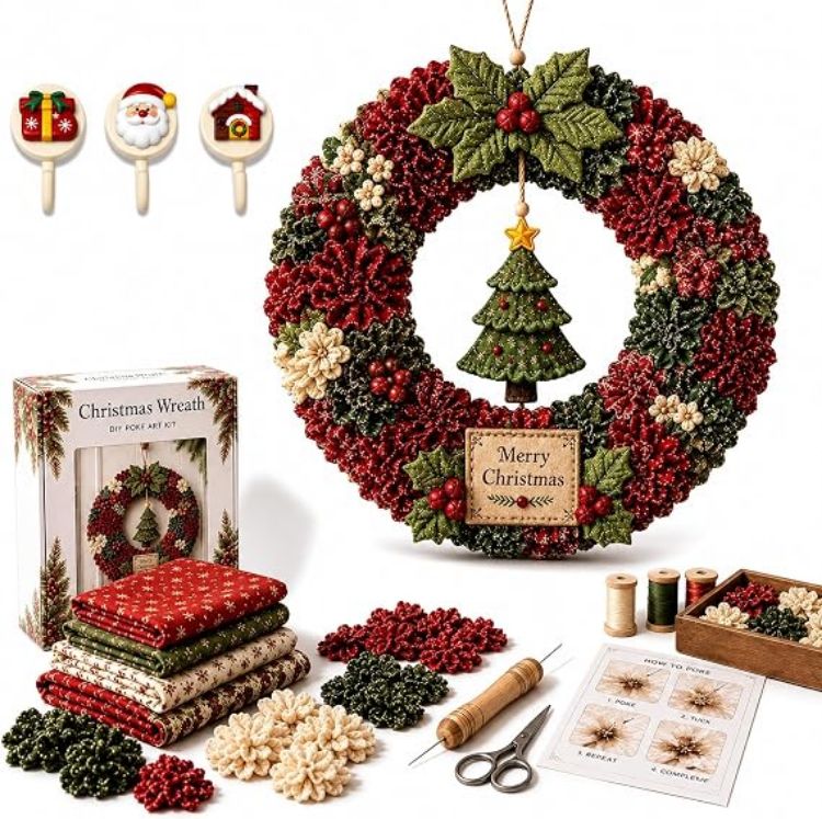 Picture of 3D Christmas Fabric Poke Wreath Art Kit DIY With 3 Holiday Hooks Handmade Fabric Poke Wreath Art Kit, 3D DIY Christmas Vintage Holiday Decoration, Christmas Craft Kit for Adults & Beginner