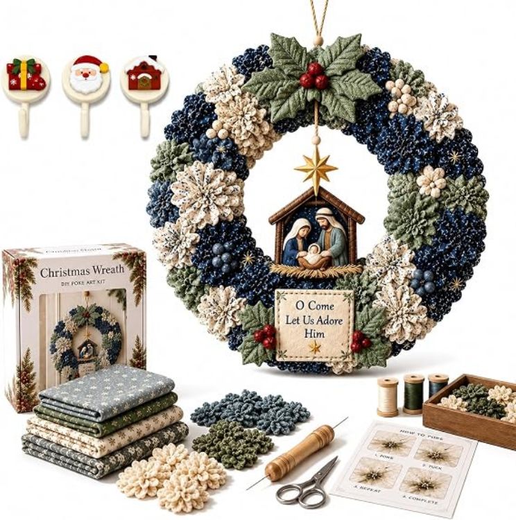 Picture of 3D Christmas Fabric Poke Wreath Art Kit DIY With 3 Holiday Hooks Handmade Fabric Poke Wreath Art Kit, 3D DIY Christmas Vintage Holiday Decoration, Christmas Craft Kit for Adults & Beginner