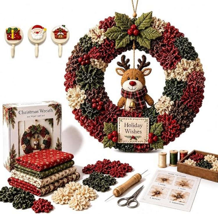 Picture of 3D Christmas Fabric Poke Wreath Art Kit DIY With 3 Holiday Hooks Handmade Fabric Poke Wreath Art Kit, 3D DIY Christmas Vintage Holiday Decoration, Christmas Craft Kit for Adults & Beginner