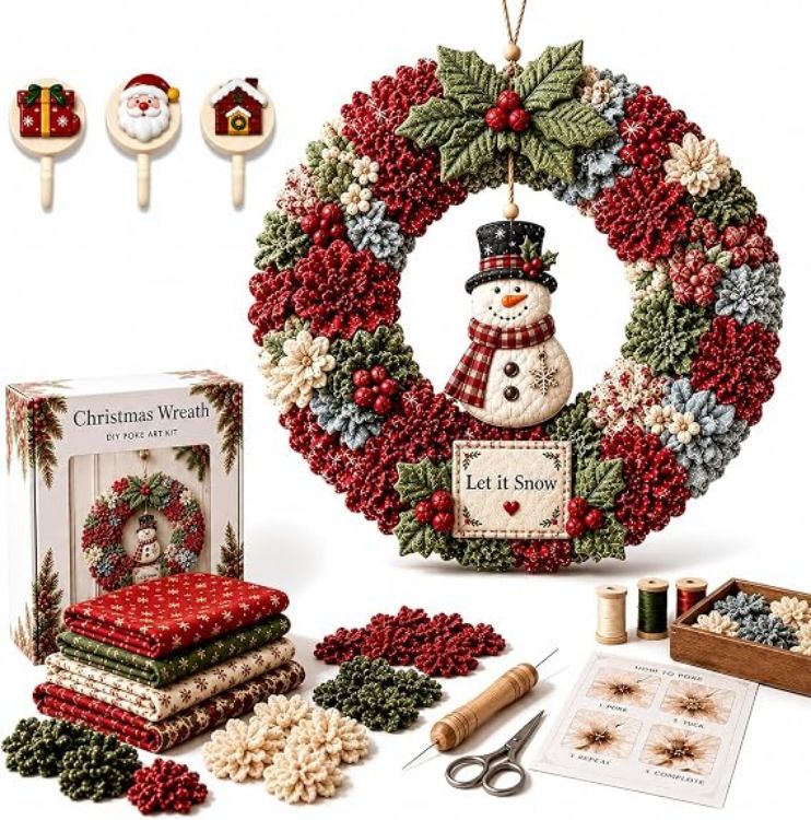 Picture of 3D Christmas Fabric Poke Wreath Art Kit DIY With 3 Holiday Hooks Handmade Fabric Poke Wreath Art Kit, 3D DIY Christmas Vintage Holiday Decoration, Christmas Craft Kit for Adults & Beginner