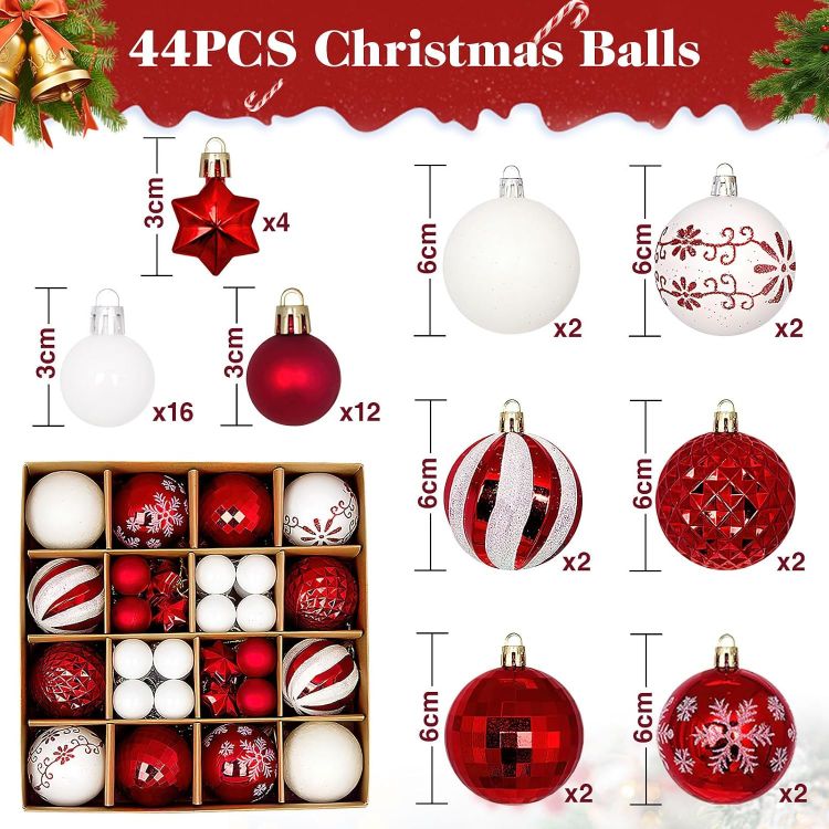 Picture of 44PCS Christmas Baubles Plastic, Christmas Baubles Ornaments White & Red, Xmas Tree Decorations for Outdoor Indoor
