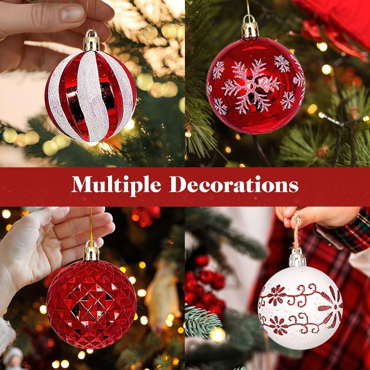 Picture of 44PCS Christmas Baubles Plastic, Christmas Baubles Ornaments White & Red, Xmas Tree Decorations for Outdoor Indoor