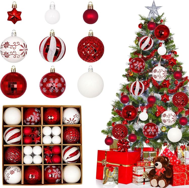 Picture of 44PCS Christmas Baubles Plastic, Christmas Baubles Ornaments White & Red, Xmas Tree Decorations for Outdoor Indoor