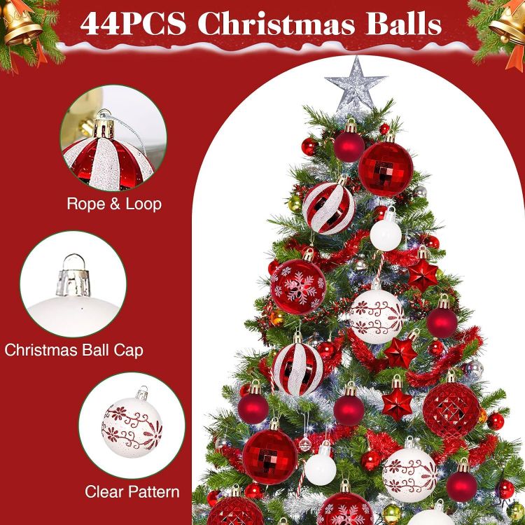 Picture of 44PCS Christmas Baubles Plastic, Christmas Baubles Ornaments White & Red, Xmas Tree Decorations for Outdoor Indoor