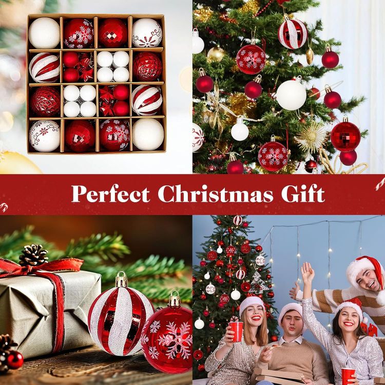 Picture of 44PCS Christmas Baubles Plastic, Christmas Baubles Ornaments White & Red, Xmas Tree Decorations for Outdoor Indoor