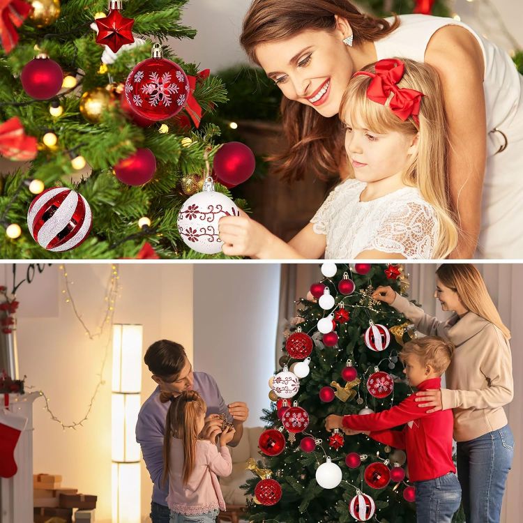 Picture of 44PCS Christmas Baubles Plastic, Christmas Baubles Ornaments White & Red, Xmas Tree Decorations for Outdoor Indoor