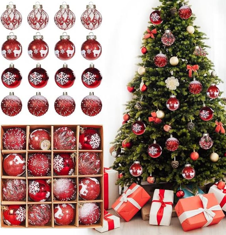 Picture of 44PCS Christmas Baubles Plastic, Christmas Baubles Ornaments White & Red, Xmas Tree Decorations for Outdoor Indoor