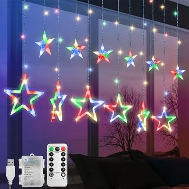 Picture of Christmas LED Stars Curtain Lights,12 Stars 138 Window Curtain String Lights with 8 Flashing Modes Decoration for Wedding, Party,Wall, Home Decorations,USB/Battery Powered (Warm White)
