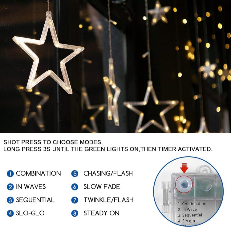 Picture of Christmas LED Stars Curtain Lights,12 Stars 138 Window Curtain String Lights with 8 Flashing Modes Decoration for Wedding, Party,Wall, Home Decorations,USB/Battery Powered (Warm White)