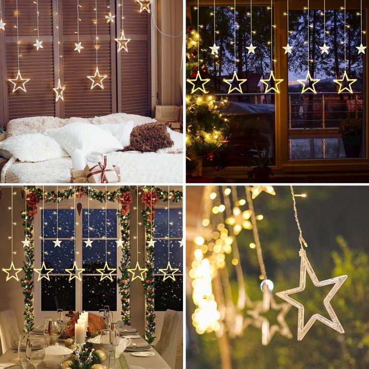 Picture of Christmas LED Stars Curtain Lights,12 Stars 138 Window Curtain String Lights with 8 Flashing Modes Decoration for Wedding, Party,Wall, Home Decorations,USB/Battery Powered (Warm White)