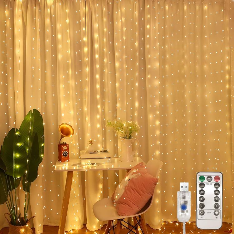Picture of Curtain Fairy Lights, 3.6m x 3m 360leds USB Operated 8 Modes String Light Indoor Waterproof Hanging Window Lights with Hooks for Christmas, Wedding, Party,Wall, Home Decorations (Warm White) 