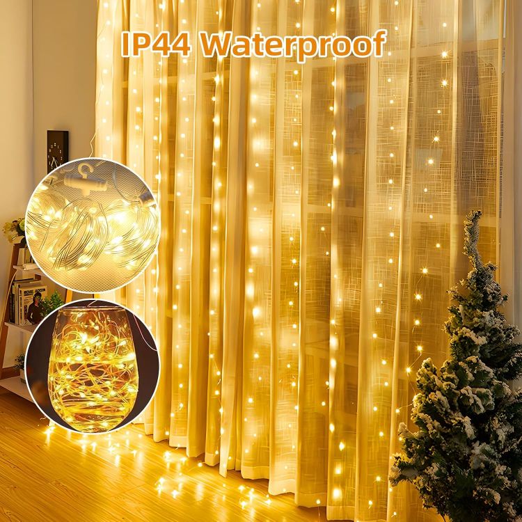 Picture of Curtain Fairy Lights, 3.6m x 3m 360leds USB Operated 8 Modes String Light Indoor Waterproof Hanging Window Lights with Hooks for Christmas, Wedding, Party,Wall, Home Decorations (Warm White) 