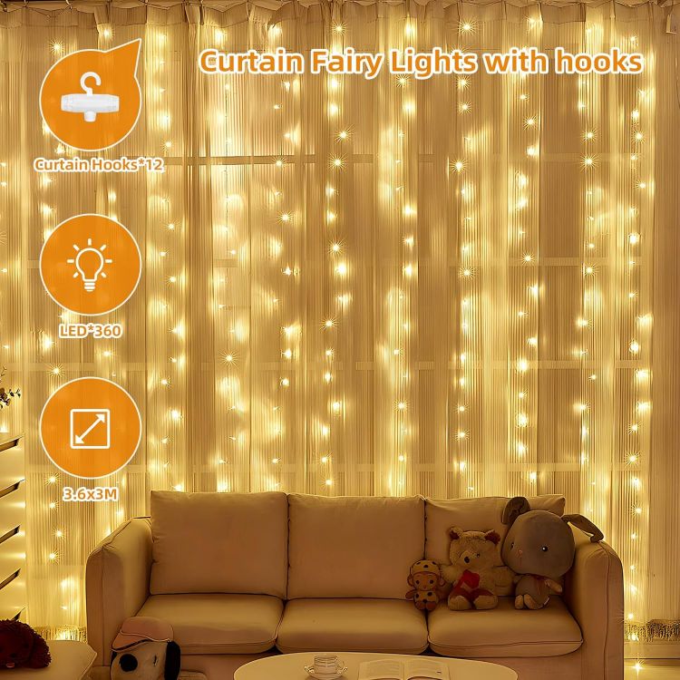 Picture of Curtain Fairy Lights, 3.6m x 3m 360leds USB Operated 8 Modes String Light Indoor Waterproof Hanging Window Lights with Hooks for Christmas, Wedding, Party,Wall, Home Decorations (Warm White) 