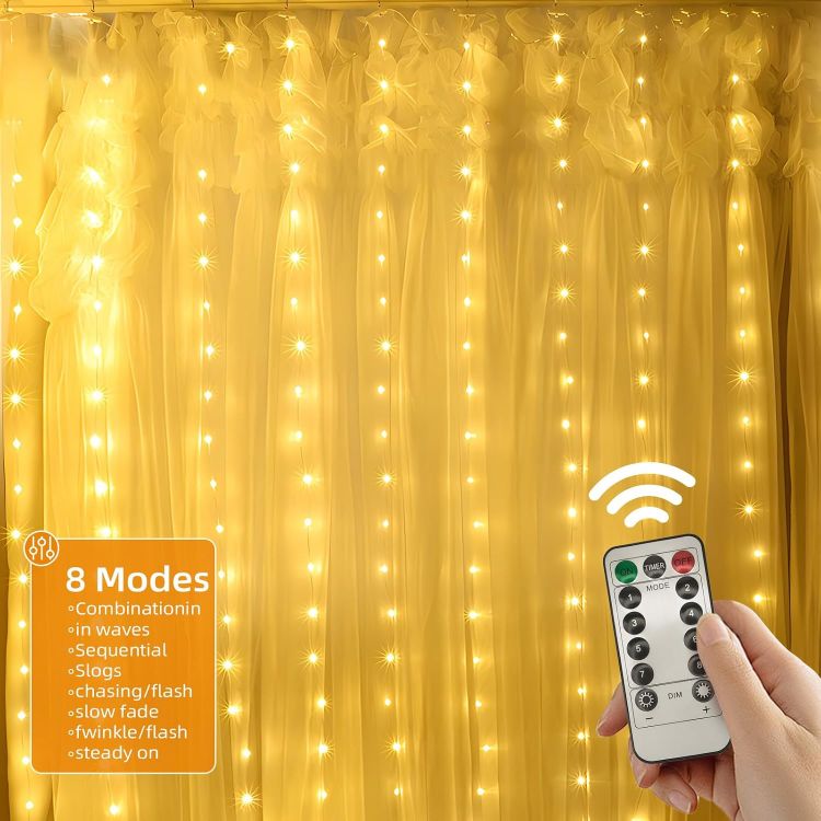 Picture of Curtain Fairy Lights, 3.6m x 3m 360leds USB Operated 8 Modes String Light Indoor Waterproof Hanging Window Lights with Hooks for Christmas, Wedding, Party,Wall, Home Decorations (Warm White) 