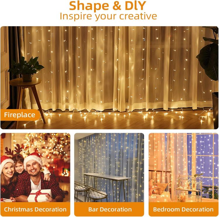 Picture of Curtain Fairy Lights, 3.6m x 3m 360leds USB Operated 8 Modes String Light Indoor Waterproof Hanging Window Lights with Hooks for Christmas, Wedding, Party,Wall, Home Decorations (Warm White) 