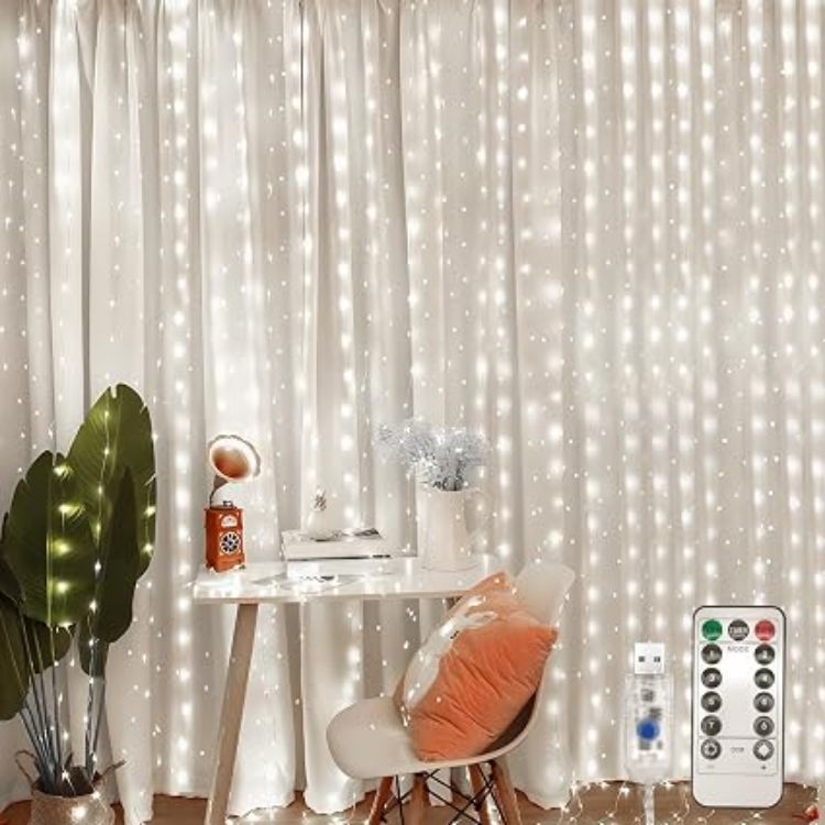 Picture of Curtain Fairy Lights, 3.6m x 3m 360leds USB Operated 8 Modes String Light Indoor Waterproof Hanging Window Lights with Hooks for Christmas, Wedding, Party,Wall, Home Decorations (Warm White) 