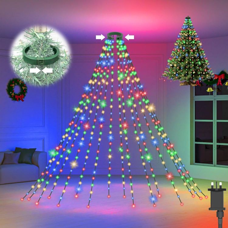 Picture of Christmas Tree Lights, 480 LED 3M x 16 Lines Xmas Tree Lights Plug in with 8 Modes/Timer/Memory, Waterproof Multicoloured Christmas Decoration Fairy Lights Easy to Install for 6-12ft Tree 