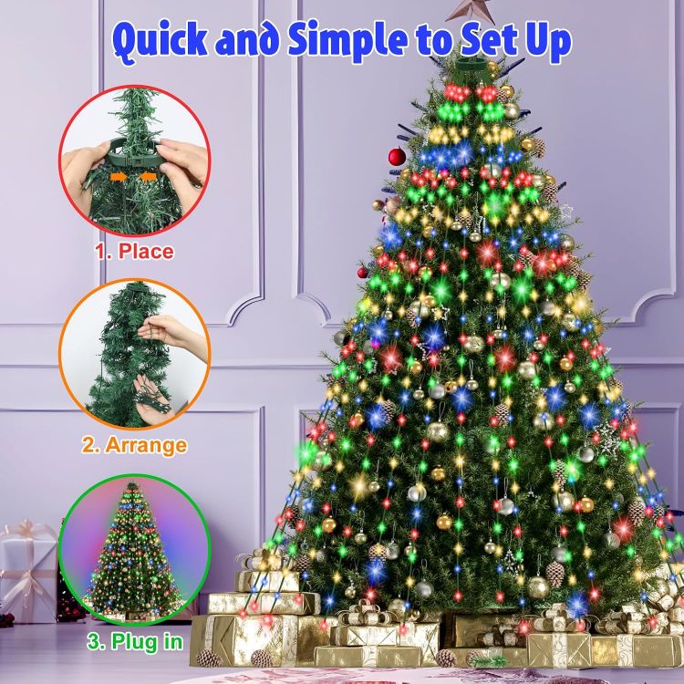 Picture of Christmas Tree Lights, 480 LED 3M x 16 Lines Xmas Tree Lights Plug in with 8 Modes/Timer/Memory, Waterproof Multicoloured Christmas Decoration Fairy Lights Easy to Install for 6-12ft Tree 