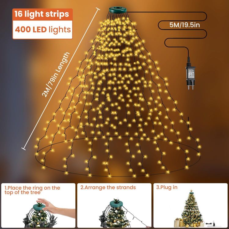Picture of Christmas Tree Net Lights - 6.6FT x 16Line 400LEDs, Waterproof, Plug-In, 8 Modes Warm White for Indoor and Outdoor Use