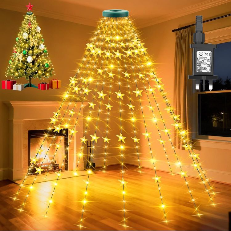 Picture of Christmas Tree Lights, 2M x16 Lines 400 LEDs Star Fairy Lights Plug in with Timer 8 Twinkle Modes Memory Waterproof for 5-10Ft Christmas Tree Indoor and Outdoor- Warm White