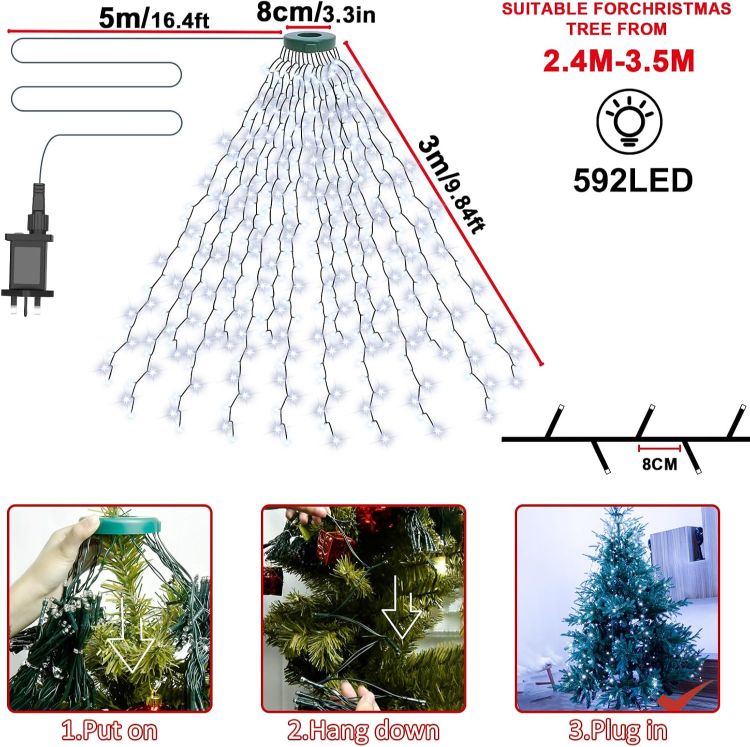 Picture of Christmas Tree Lights, 9.84Ft/3M 16 Strands 592 LED Cool White String Lights Plug in with 8 Lighting Modes for Indoor Outdoor Xmas Tree Wedding Party Decoration