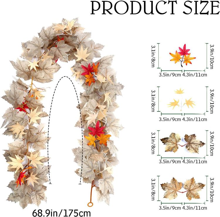 Picture of Fall Garland Maple Leaf, Autumn Maple Leaf Garland, Artificial Autumn Leaves Wreath, Thanksgiving Fall Garlands Decor for Thanksgiving Halloween Home Indoor Outdoor Mantel Wall Backdrop Table Decor