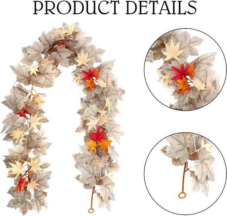 Picture of Fall Garland Maple Leaf, Autumn Maple Leaf Garland, Artificial Autumn Leaves Wreath, Thanksgiving Fall Garlands Decor for Thanksgiving Halloween Home Indoor Outdoor Mantel Wall Backdrop Table Decor