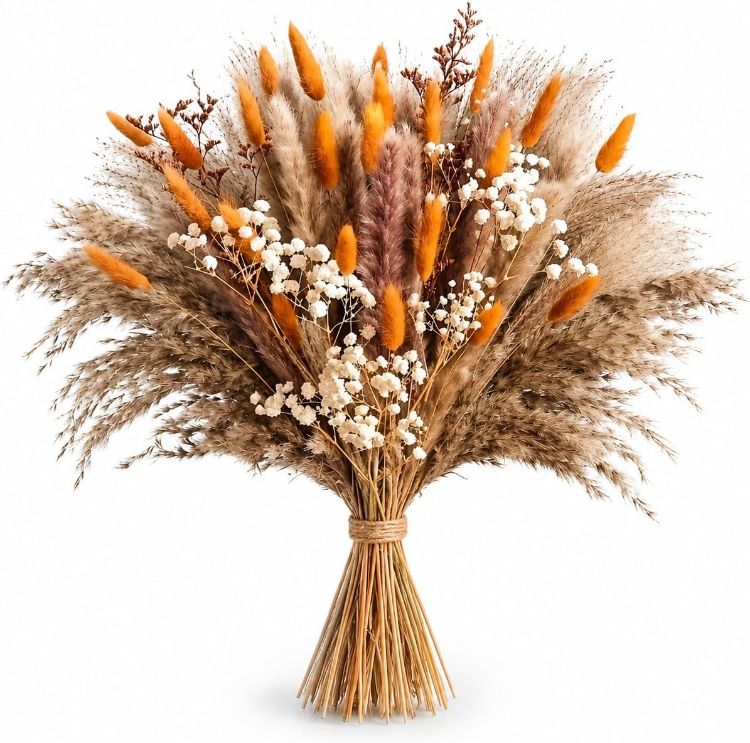 Picture of 82 Pcs Dried Flowers Bouquet for Fall Decor, Autumn Pampas Grass Decor 44cm Orange natural dried flowers for autumn decor, vase filler and wedding table centrepiece; DIY pack, no vase included.