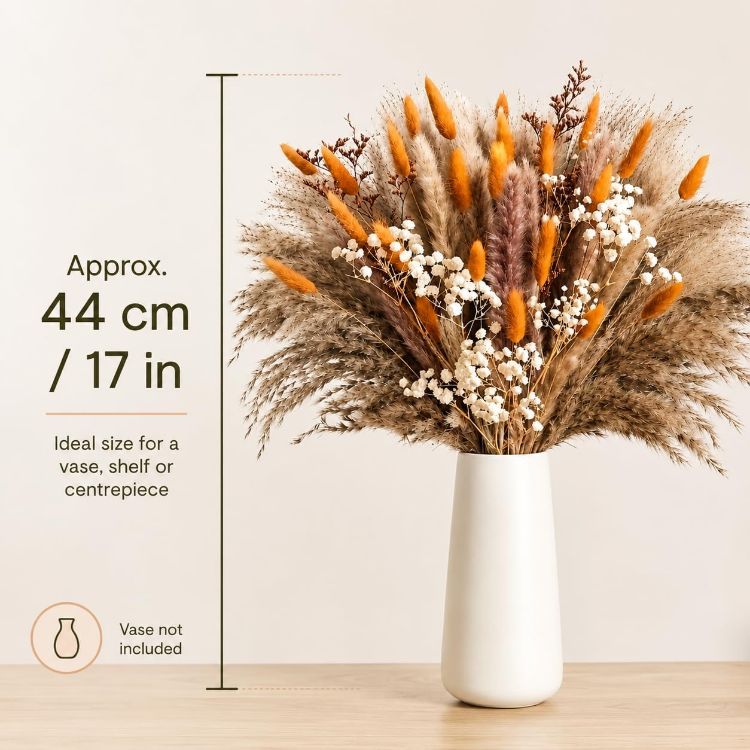 Picture of 82 Pcs Dried Flowers Bouquet for Fall Decor, Autumn Pampas Grass Decor 44cm Orange natural dried flowers for autumn decor, vase filler and wedding table centrepiece; DIY pack, no vase included.